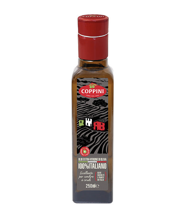 OLIO E.V.O. BOTTIGLIA QUADRA TAPPO ANTIRABBOCCO 100% ITALIA
COPPINI ML 250