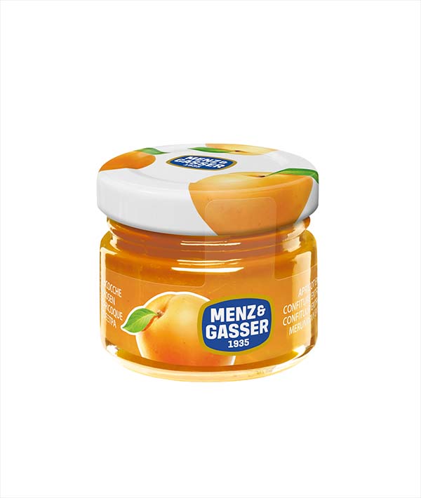 CONFETTURA EXTRA ALBICOCCA PORZIONE GR 28 VASO VETRO 
MENZ & GASSER PZ 48