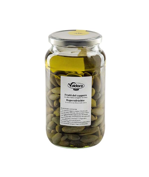 FRUTTI DI CAPPERO CUCUNCI 11/13 IN OLIO EXTRA VERGINE DI OLIO 
VASO VETRO VALDORA SELEZIONE GR 950