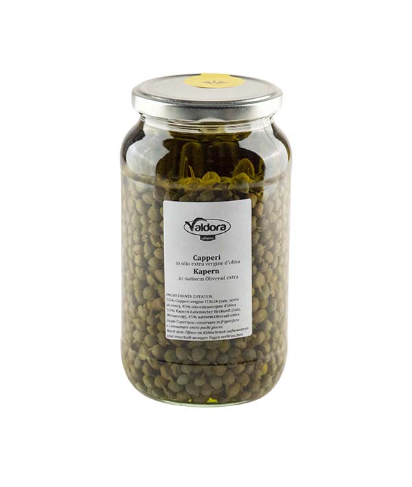 CAPPERI 4/8 (CALIBRO PICCOLO) IN OLIO EXTRA VERGINE DI OLIVA
VASO VETRO VALDORA SELEZIONE GR 950