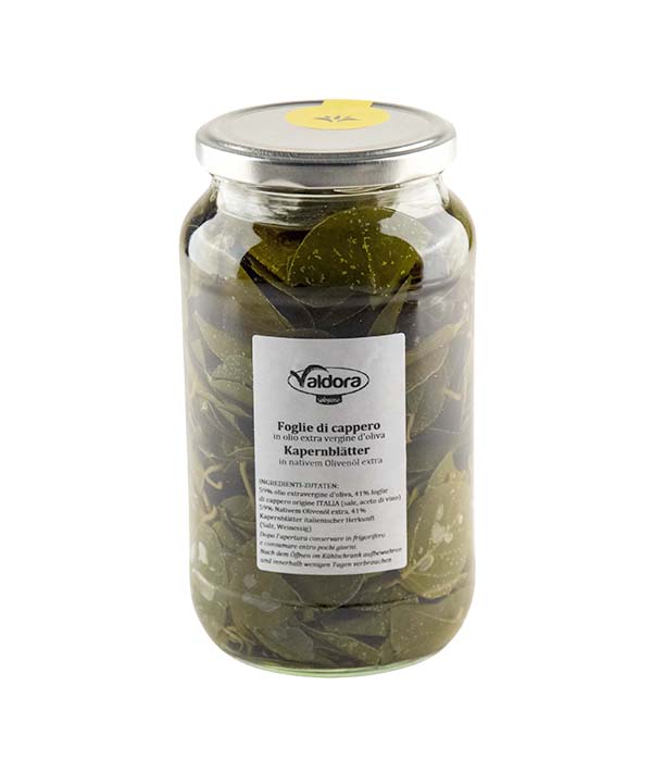 FOGLIE DI CAPPERO DI PANTELLERIA IN OLIO EXTRA VERGINE DI OLIVA
VASO VETRO VALDORA SELEZIONE GR 900